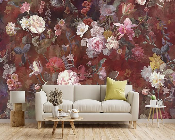 '-Vintage Roses Floral Fabric Wallpaper Living Room Bedroom Bathroom Flowers Wall Mural- 91"x65"( not Peel and Stick)