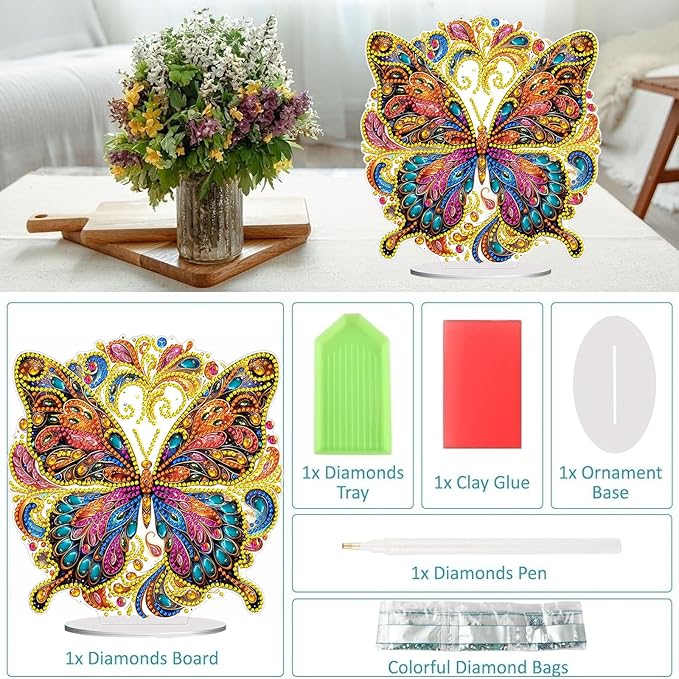 Diamond Painting Kits for Adults Beginners, 5D Full Drill Flowers and Butterfly Crystal Art Desktop Ornament, DIY Single Sided Home Office Desk Decor, Creative Craft Gift Set with Tools