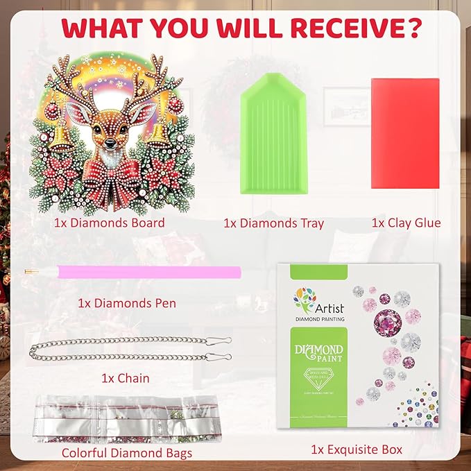 MEIYUDA Christmas Hanging Diamond Art Kits for Adult, Deer Diamond Painting Hanging Kits Ornaments, DIY Special Shaped Rhinestone Window Pendants kit for Home Garden Wall Decor Gift