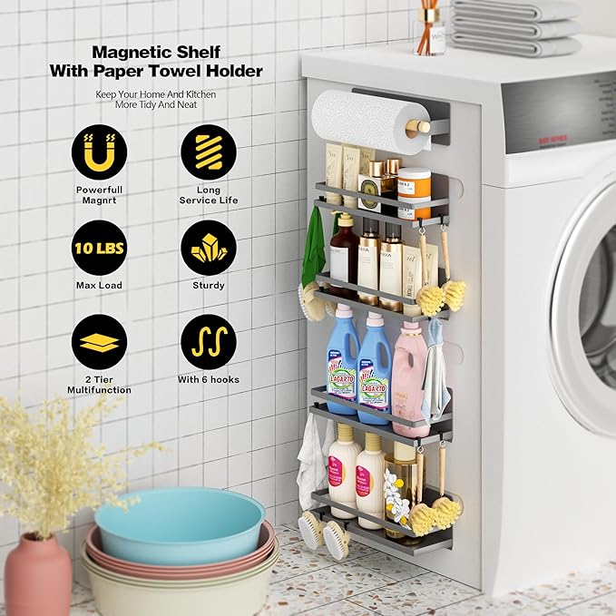 Magnetic Spice Rack Moveable Magnetic Shelf Organizer with Paper Towel Holder Kitchen Refrigerator Seasoning Storage Rack Fridge Magnet Organizer,Grey,3 Packs