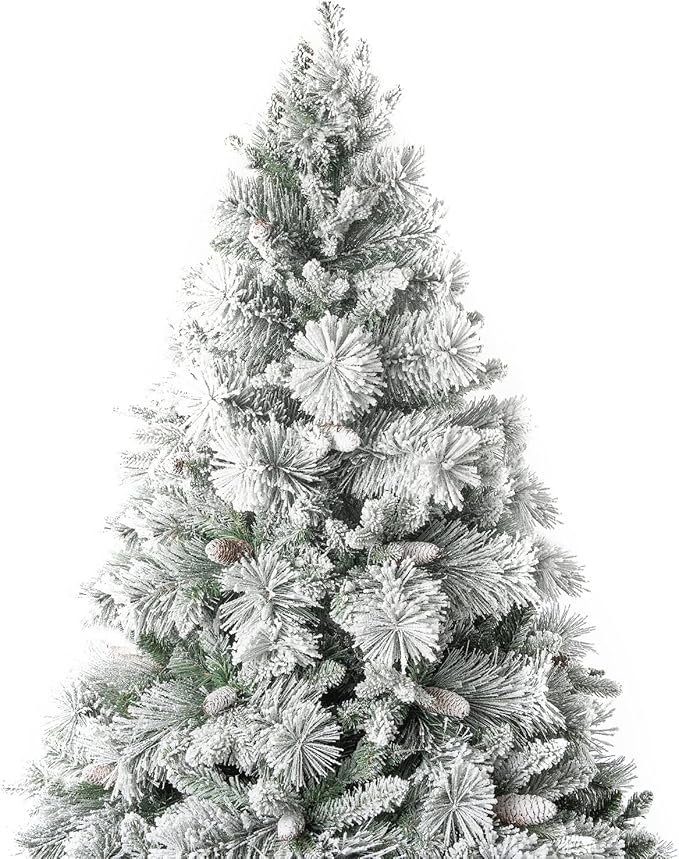 Glasgow 7.5ft Frosted Prelit Artificial Christmas Tree with Pine Cones, Foot Pedal, 1556 Branch Tips, 750 Warm Lights & Metal Stand, 61" Wide Realistic Pine Snow Flocked Christmas Tree with Lights