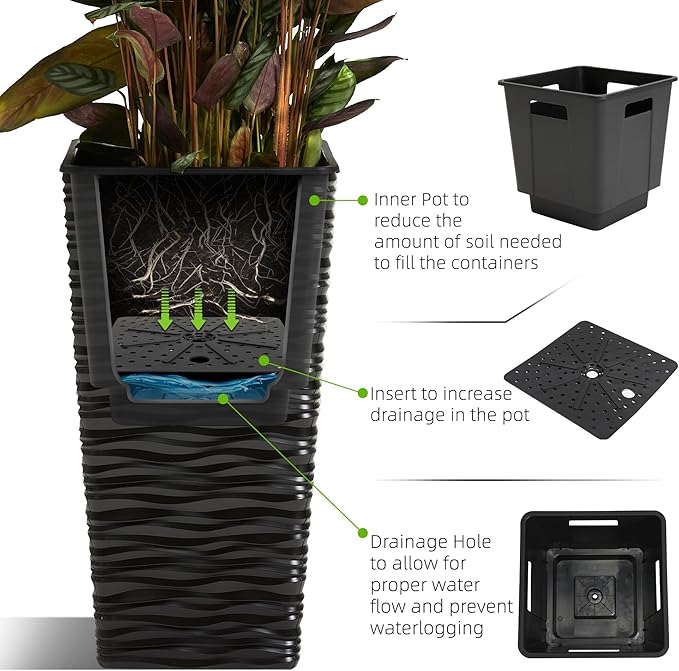 Worth Garden 2-Pack 22" H. Black Square Tapered Planter with Inside Pots - Plastic Plant Pots for Indoor Outdoor - Modern Wavy Finish Decorative Flower Pots for Front Porch Containers Patio Deck