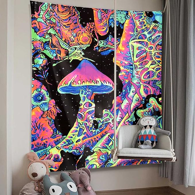 ADDWel Blacklight Mushroom Tapestry, Fantastic Upright Tapestry Glow In The Dark, UV Reactive Black Light Tapestries Posters Wall Hanging for Backdrop Bedroom Dorm Living Room Decor(50"x60")