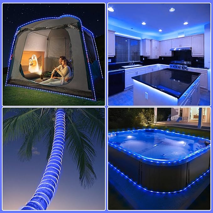 100FT 300 LED Rope Lights Outdoor, Plug in Christmas Rope Lights for Indoor with 8 Modes, Waterproof Connectable String Lights for Outside Patio, Deck, Pool, Stair, Camping Lighting - Blue
