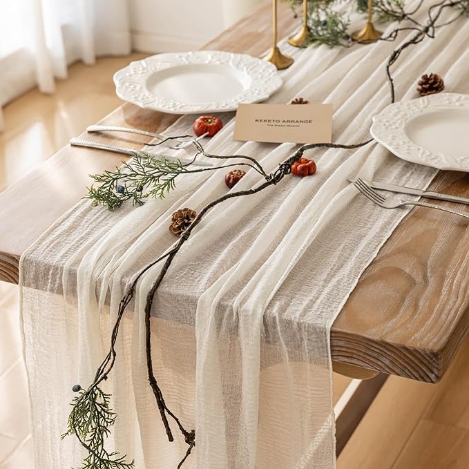 3pcs Ivory Gauze Rustic Cheesecloth Table Runner 120 Inch 10 FT for Wedding Baby Shower Bridal Shower Birthday Engagement Garden Outdoor Party Long Sheer Boho Decorations