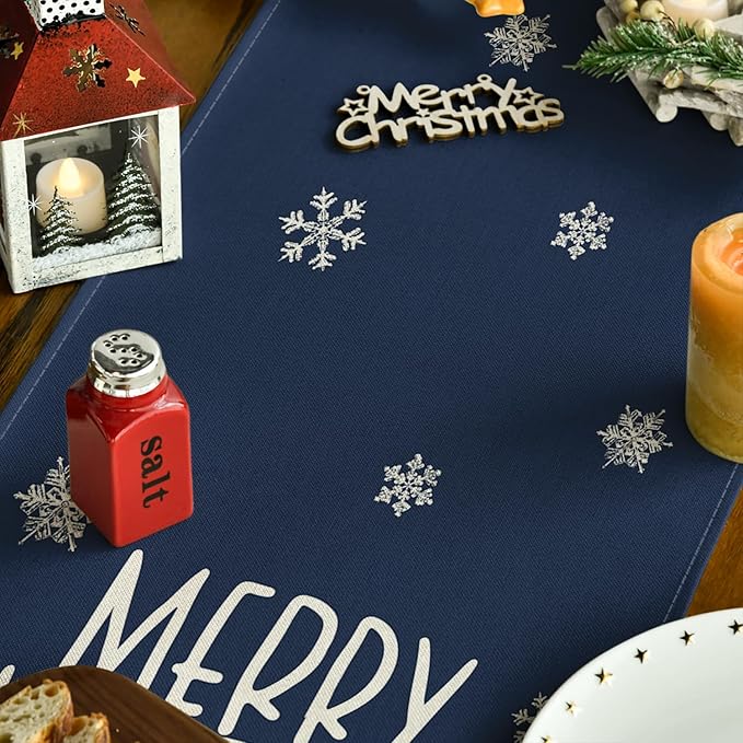 Artoid Mode Xmas Trees Snowflakes Blue Merry Christmas Table Runner, Winter Seasonal Kitchen Dining Table Decoration for Home Party Decor 13x72 Inch