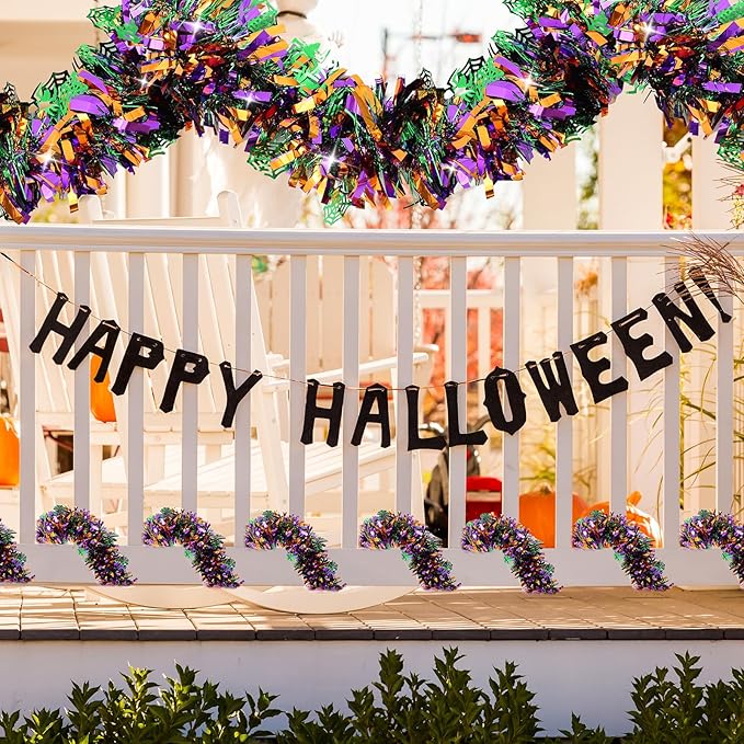 33 FT Halloween Tinsel Garland Decorations,Orange Purple Green Halloween Garland with Spider,Spider Web Shiny Metallic Garlands for Indoor Outdoor Decorations