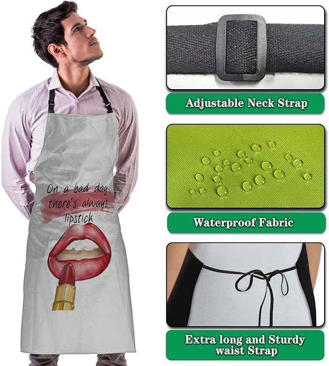 Kitchen Apron for Women Red Lips Quotes on a Bad Day There’s Always Lipstick Funny Aprons for Men for Cooking Restaurant BBQ Painting Crafting Gardening 27” (W) x 31” (H), Waterproof Apron