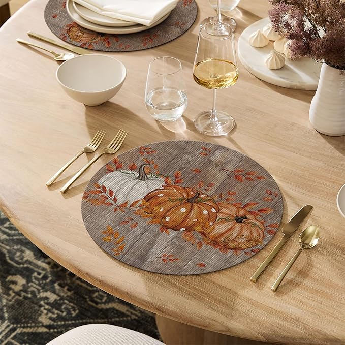 Artoid Mode Maple Leaves Pumpkins Plastic Round Fall Placemats Set of 4, 14 Inch Wipeable Woven Vinyl Table Mats for Farmhouse Party Kitchen Dining Decor