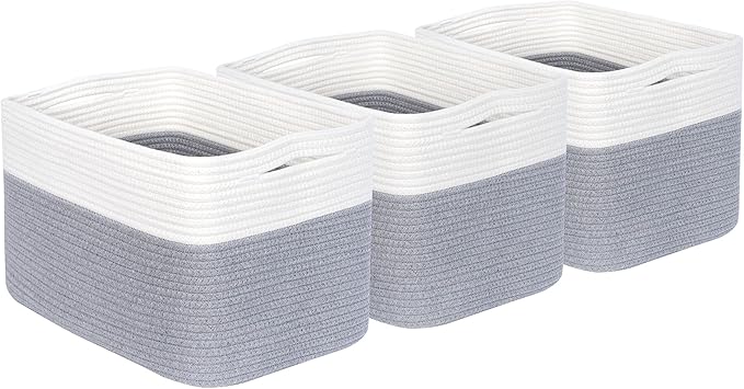 MINTWOOD Design 3-Pack Storage Baskets for Shelves, Playroom and Classroom, Book Basket, Decorative Storage Cube Bins, Woven Closet Organizers, Pantry and Shoe Organizer, Grey