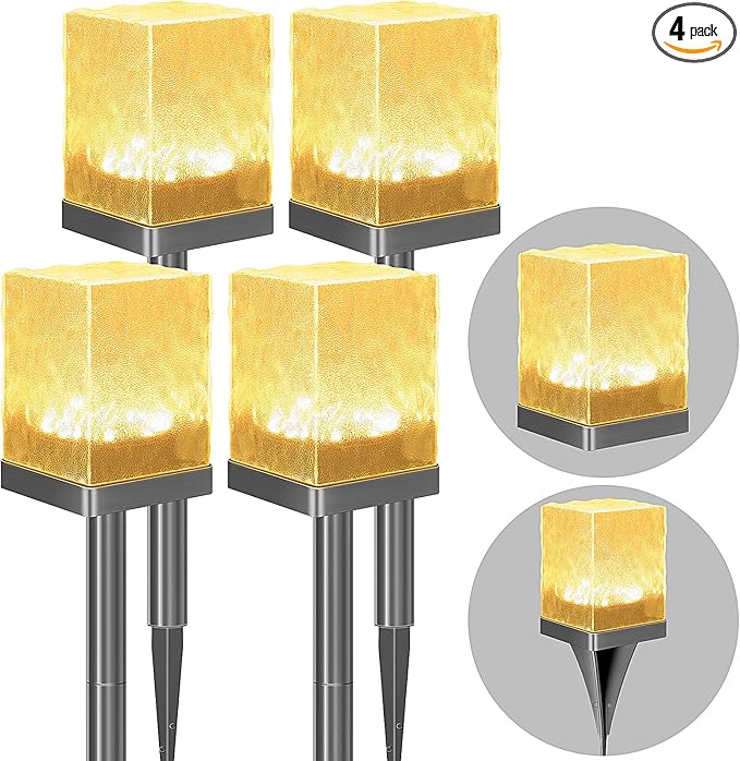 4 Pack Solar Pathway Lights Outdoor, Waterproof Ground Light Featuring Crystal-Clear Ice Brick Aesthetic, Multi-use Landscape Decoration Lighting Solar Powered Garden Lawn Lamp (Warm White)