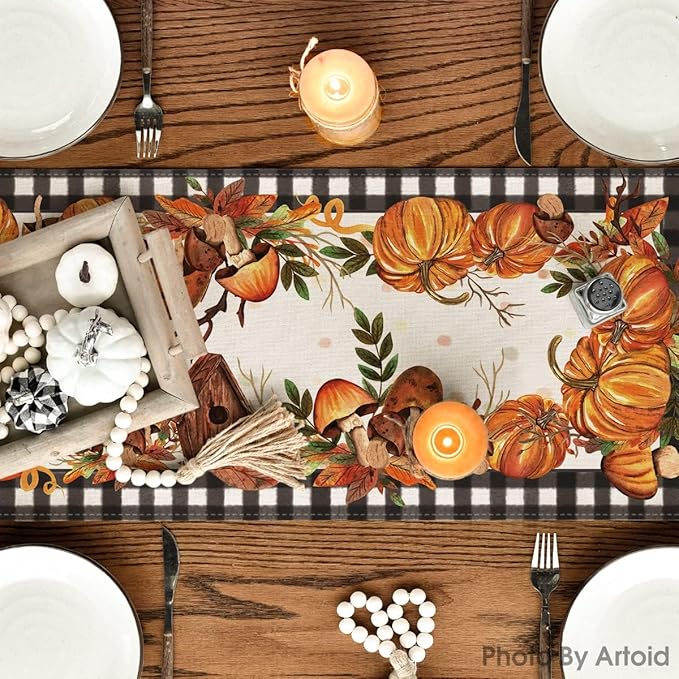 Artoid Mode Buffalo Plaid Pumpkins Mushrooms Birdhouse Leaves Table Runner, Seasonal Fall Harvest Vintage Kitchen Dining Table Decoration for Indoor Outdoor Home Party Decor 13 x 108 Inch
