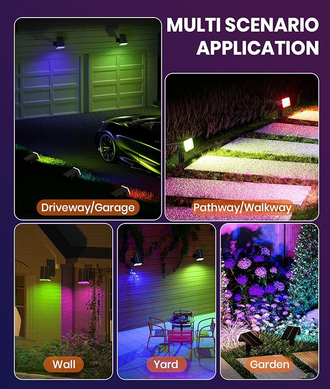 Solar Spot Lights Outdoor 2-Pack Multicolor IP65 Waterproof RGB - 6 Colors, 2 Modes, 105ยฐ Adjustable 58 LED Flood Lights, Solar Powered Spotlights for Yard, Garden, House & Landscape Lighting Outside