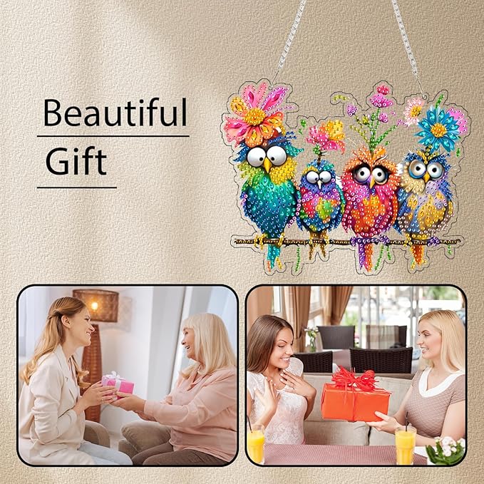Diamond Art Kit for Adult, 5D Diamond Art Painting Window Pendants Home Garden Wall Hanging Kits Hanging Ornament, DIY Acrylic Double Sided Ornaments (Bird)