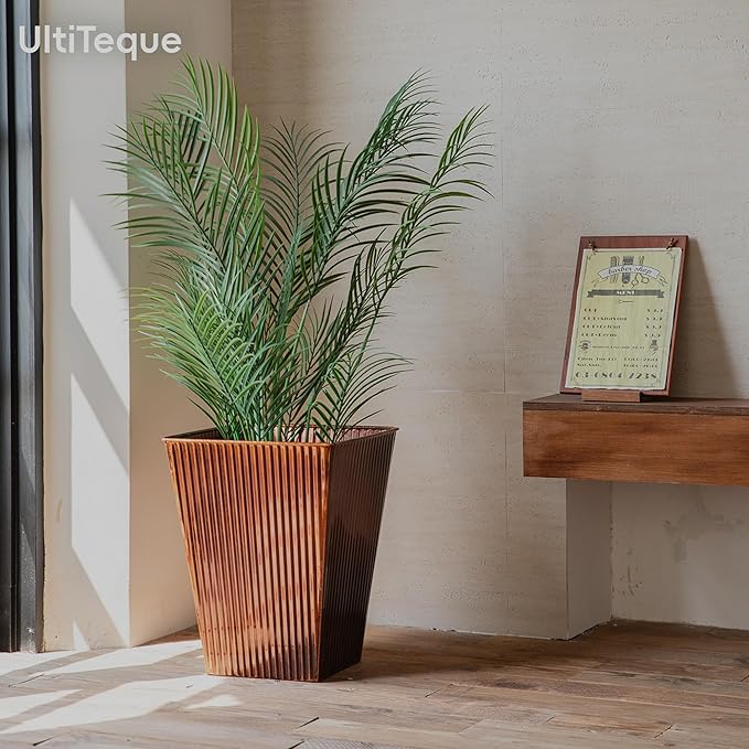 18in Vintage Handmade Metal Vertical Lines Copper Tapered Planters Set of 2, Galvanized Steel Planter Box with Drainage Hole for Indoor/Outdoor/Porch/Garden