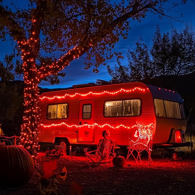 JMEXSUSS 2 Pack Red Solar Lights Outdoor Waterproof, Each 33FT 100 LED Red Halloween Lights, Solar Fairy String Light for Outside Tree Party Patio Christmas Halloween Decorations