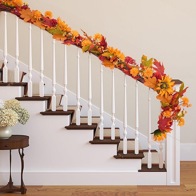 GENMOUS 6ft Fall Maple Leaves Garland, Artificial Sunflower Autumn Wreath with Small Pumpkins Home Decor for Thanksgiving, Halloween, Wedding, Fireplace Porch Indoor Outdoor Fall Decoration