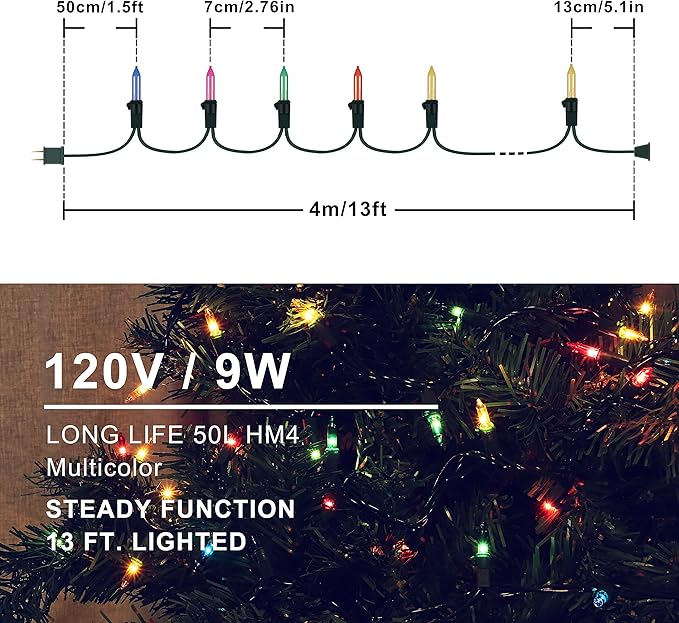 Hopolon Christmas String Lights,2 Pack 13ft 50Count Incandescent Mini String Lights Connectable, Waterproof Fairy Lights for Garden Xmas Tree Wedding Wreath Party Decoration (Multicolor 2 pcs)