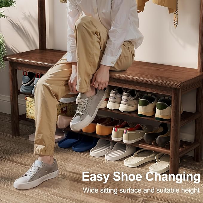 Hall Tree, Coat Rack with Shoe Storage, Wooden Hall Tree with Bench, 11 Hooks and 2-Tier Storage Shelves, Entryway Bench with Coat Rack (39.3" - Deep Walnut)