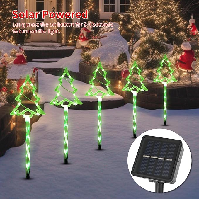 Christmas Solar Pathway Lights Outdoor Decorations, 8 Modes Xmas Tree Candy Lights Waterproof Led Garden Stake Light for Walkway Yard Lawn Porch Holiday Decor 5-Pack (Green Tube Tree, 5 Pack)