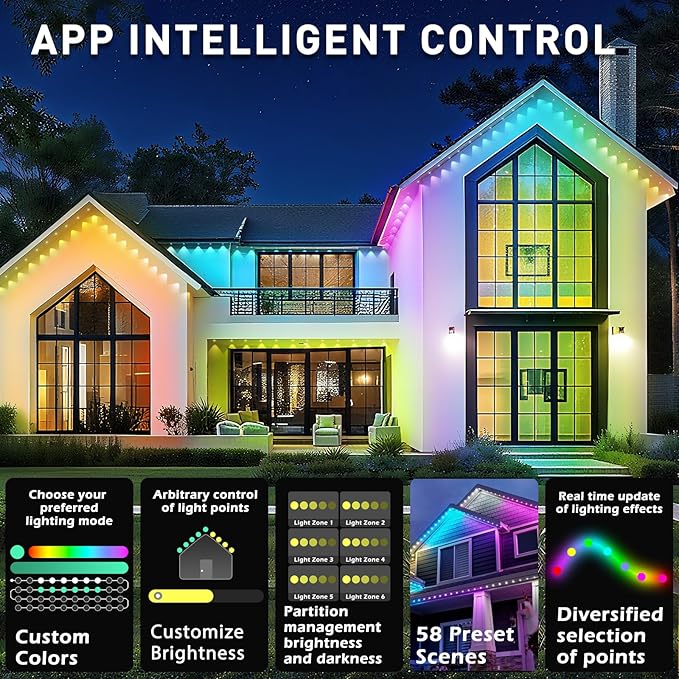 100ft Permanent Outdoor Lights,for House Roof, Christmas, Holiday, Party, Daily Lighting, IP67 Waterproof,RGB Eaves Lights with Multi Scene Modes for Halloween