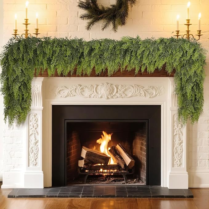 16FT Real Touch Cedar Garland - Artificial Christmas Garland Fake Green Faux Thick and Lush Pine Needles Garlands for Table Fireplace Mantle Holiday Home Indoor Outdoor Decor (1PCS)