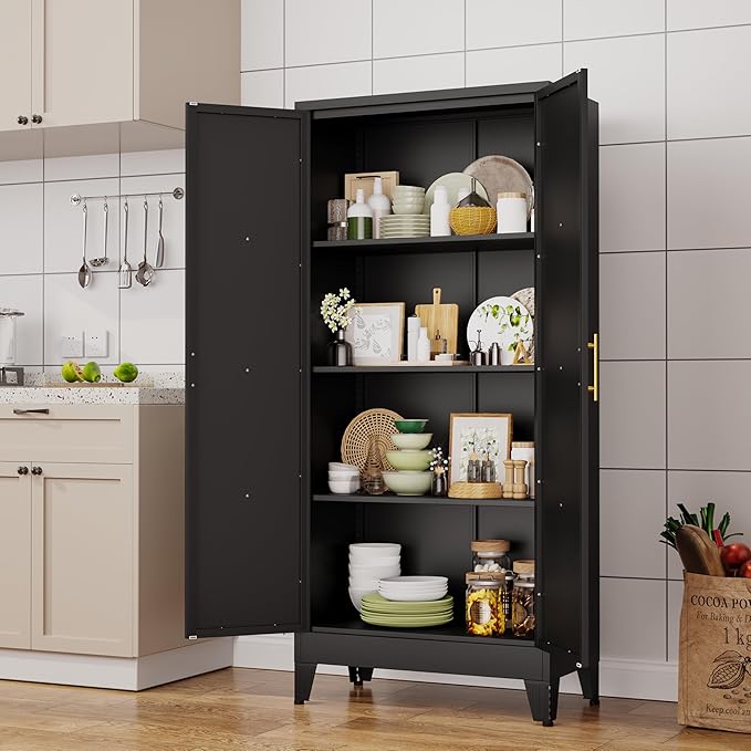 61" H Metal Kitchen Pantry Storage Cabinet, Freestanding Cupboard with 2 Doors and 3 Adjustable Shelves, Standing Storage for Kitchen, Bathroom, Garage, Dinning Room or Utility Room(Black)