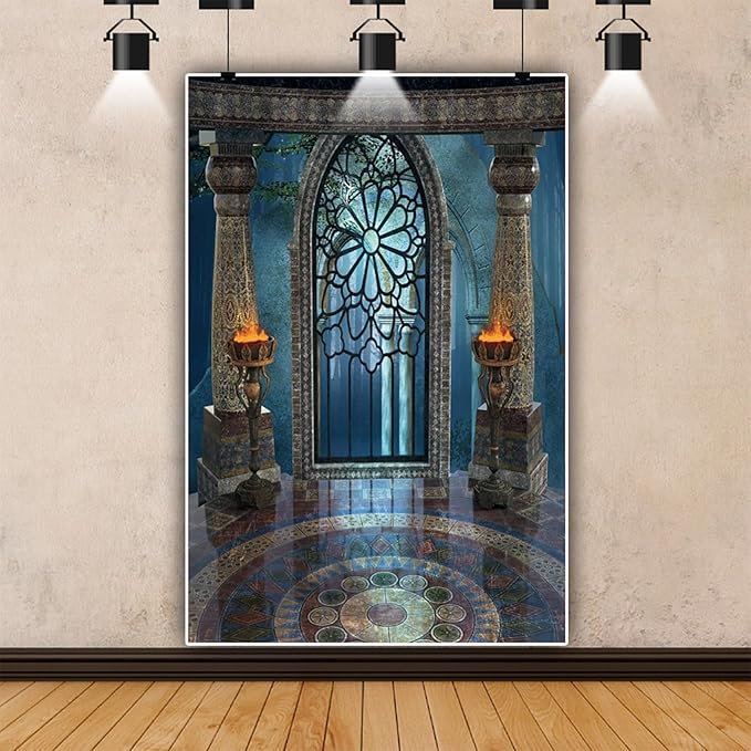Renaiss 4x6ft Medieval Castle Backdrop for Photoshoot Portrait Pillar Torch Gothic Stone Tower Ancient Old Fortress Interior Photography Background Halloween Party Decor Wallpaper Photo Studio Props
