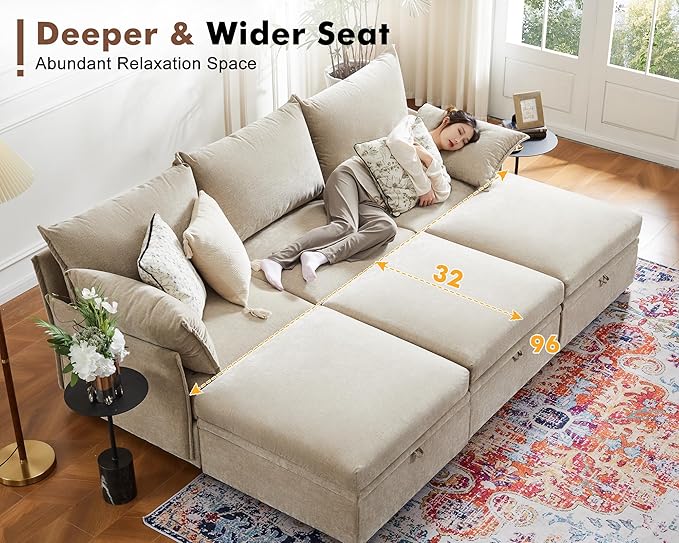 134.6" Modular Sectional Sofa, Oversized 4 Seater Couch with Removable Beige Chenille Fabric Cover, Deep Seat & High Backrest for Living Room, Office & Apartment