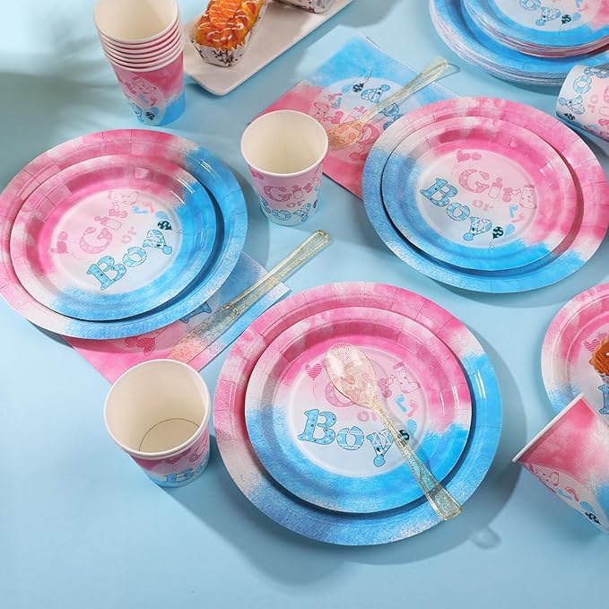 168Pcs Gender Reveal Plates and Napkins Party Supplies, Pink and Blue Plates for Gender Reveal Serves 24, Team Boy or Girl Gender Reveal Ideas, He or She Baby Reveal Decorations