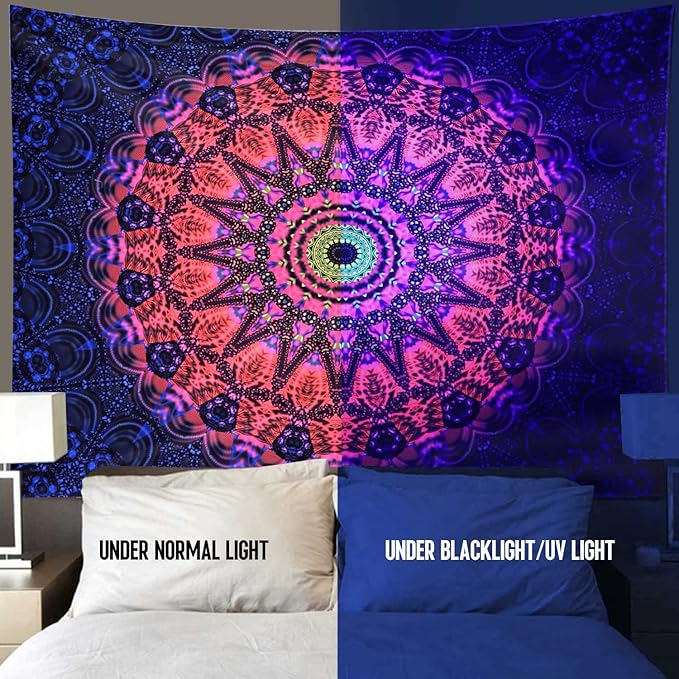 ADDWel Blacklight Mandala Boho Tapestry Glow In The Dark, Black Light Bohemian Hippie Poster Wall Hanging for Bedroom Aesthetic Wall and Room Decor (90" x 70", Mandala)