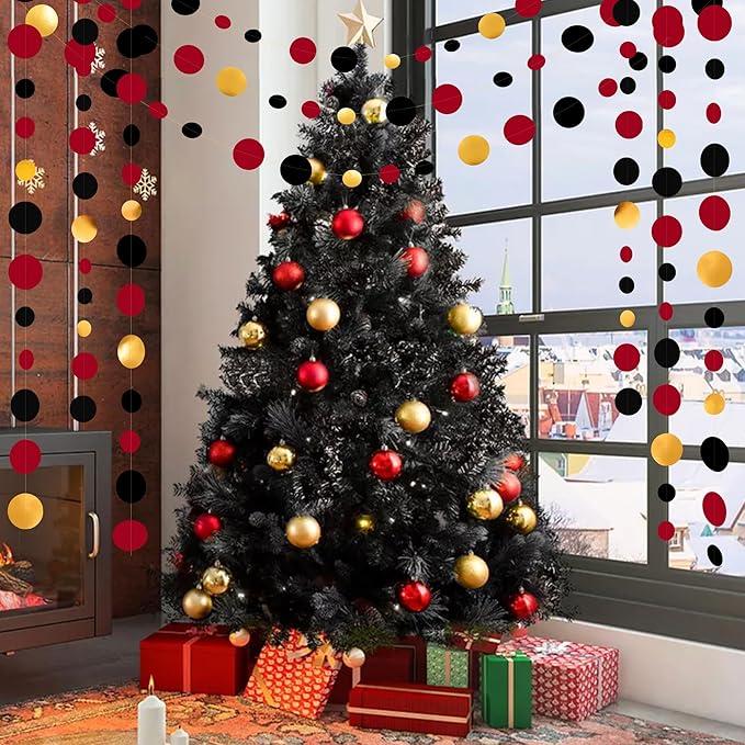 Gold Black Red Party Decorations Circle Dots Streamer Hanging Paper Polka Dots Garland for Graduation Birthday Wedding Anniversary Baby Shower Holiday Pirate Poker Casino Las Vegas Party Supplies