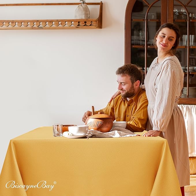 Biscaynebay Fall Tablecloth Textured Fabric Square Tablecloths 60x60'', Fall Gold Thanksgiving Autumn Harvest Water Resistant Fabric Tablecloths for Kitchen, Dining, Wedding, Parties Machine Washable