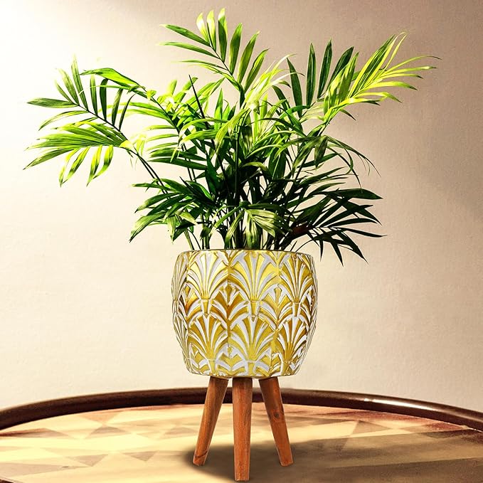 Harvest Land Plant Pots with Stand, Set of 2 Large Modern Planters Metal Tall Handmade Flower Pots with Drainage Holes Indoor Outdoor,Gold