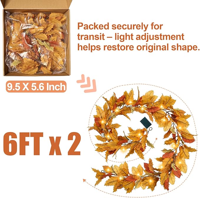 2PC Realistic Fall Garland for Mantle 6FT Fall Leaves Garland With Lights/Timer Fall Decorations for Home Porch Fall Leaf Garlands Autumn Decor for Thanksgiving Outdoor Fireplace Wedding Hanging Table