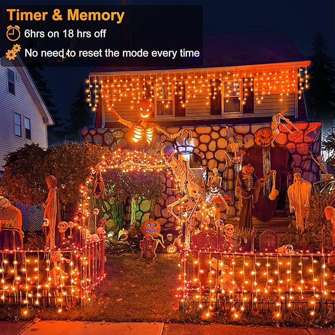 33 FT 400LED Halloween Lights, Orange Icicle Lights for Outside, Clear Wire Twinkle String Light with Timer 8 Modes Waterproof for Window House Patio Yard Wedding Classroom Festival Decor