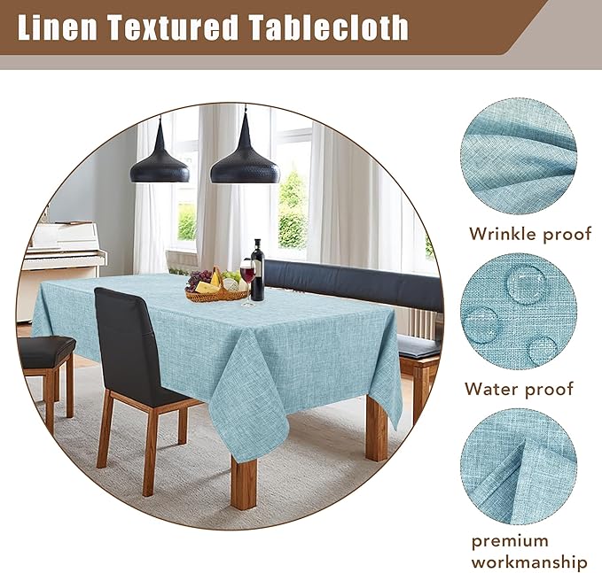 Fitable Faux Linen Tablecloths 60 x 84 Inch - 2 Pack Waterproof Table Clothes for Rectangle Foot Tables, Turquoise Flax Look Kitchen Table Covers for Farmhouse, Dining, Party, Outdoor Picnic