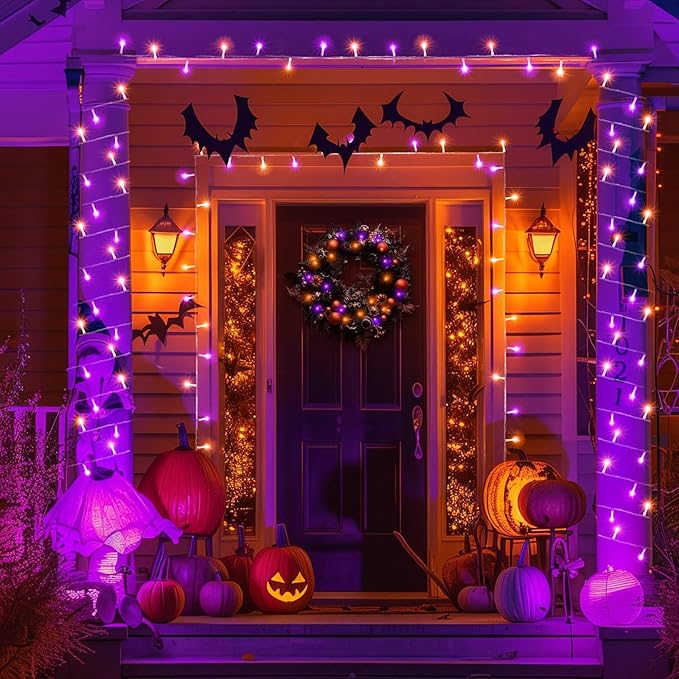 120 LED Orange and Purple Halloween Lights 40 FT Halloween Lights Indoor Outdoor Clear Wire with 8 Modes, Plug in Waterproof Christmas Light for Tree Party Bedroom Thanksgiving Decorations