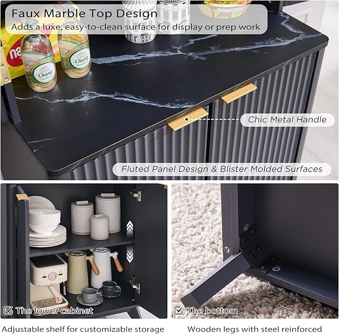 OKD Fluted Kitchen Pantry, 72" Tall Mid Century Modern Storage Cabinet with Adjustable Shelves & Door Organizer, Wood Cabinet for Kitchen, Living Room, Dark Grey