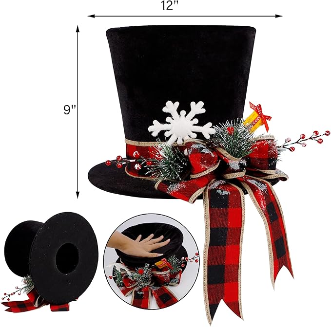 yofit Christmas Tree Topper Hat, Black Velvet Hat with Red Buffalo Plaid Bow Red Berry Snowflake, Christmas Tree Decorations Top Hat, Desktop Ornaments for Home Holiday Winter Decor