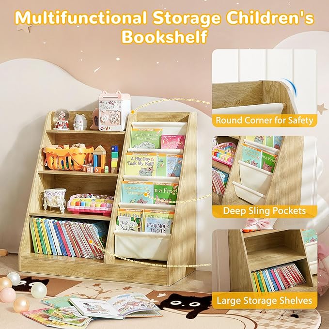 Kids Bookshelf, 4-Tier Kids Wooden Bookshelf with Toy Storage Montessori Toy Shelf, 32โL x 16โD x 32โH Nursery Bookshelves Childrens Bookcase Baby Toddler Book Shelf for Kids Rooms Clearance