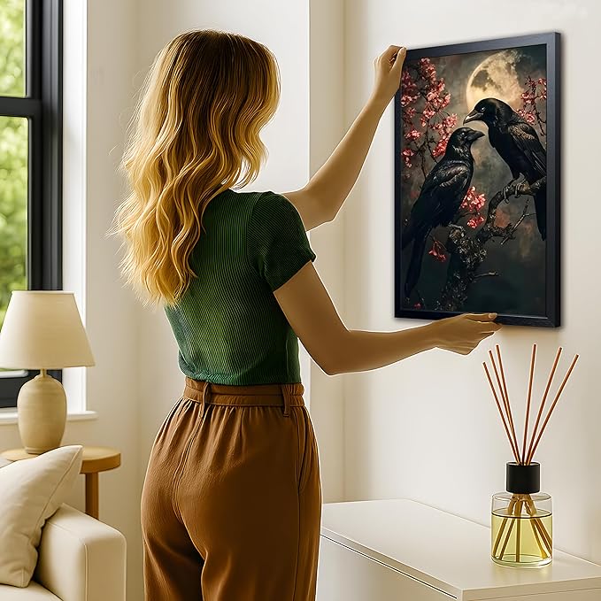 Black Wood Framed Halloween Canvas Wall Art Painting, Vintage Black Crow Cherry Blossom Wall Decor Picture, Dark Academia Gothic Poster Print Photo for Living Room Bedroom Office Decor 12x16 Inch