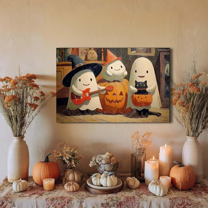 Laoife Vintage Halloween Canvas Wall Art, Autumn Pumpkin Cute Ghost Canvas Prints, Halloween Party House Decoration (Ghost 4)