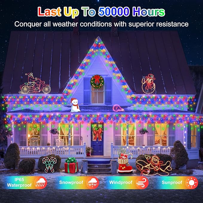 1296 LED Christmas Lights with 288 Drops, 131ft Christmas String Lights with 8 Modes, Waterproof Outdoor Decorations Fairy Lights with Timer Memory for Xmas Party Patio Window Fence Multicolor