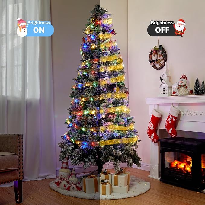 2 Pack Christmas Tree String Lights - 33ft 100 LED Battery Powered Fairy Lights with Timer and 8 Lighting Modes, Gold Ribbon Bows Lights for 6ft - 8ft Christmas Tree Decor, Multi-color