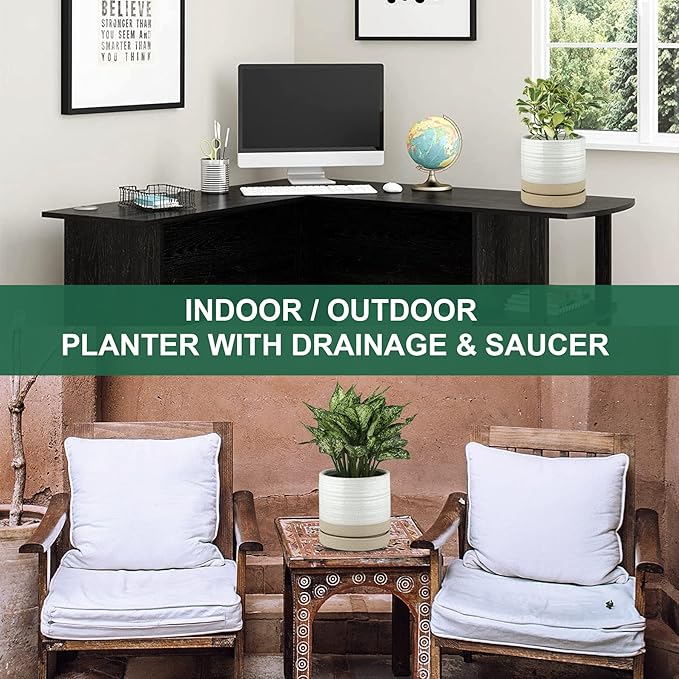 6 Inch Plant Pots, Ceramic Planter Pot with Drainage Hole & Saucer, Indoor/Outdoor Cylinder Round Planter Pot, White & Beige Glaze