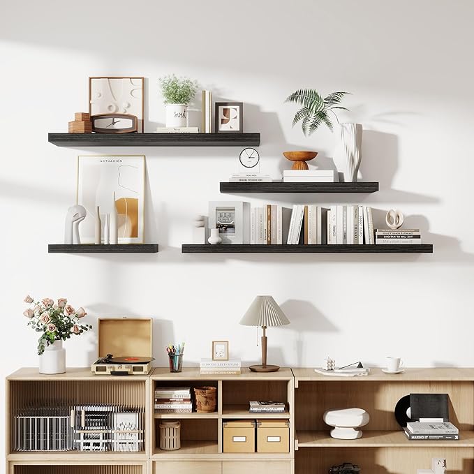 24 Inch Floating Shelves, 11.6 Inch Deep Floating Shelves for Wall, Floating Shelf with Invisible Brackets, Deep Shelves for Bathroom, Bedroom, Living Room, 2 Pack, Black