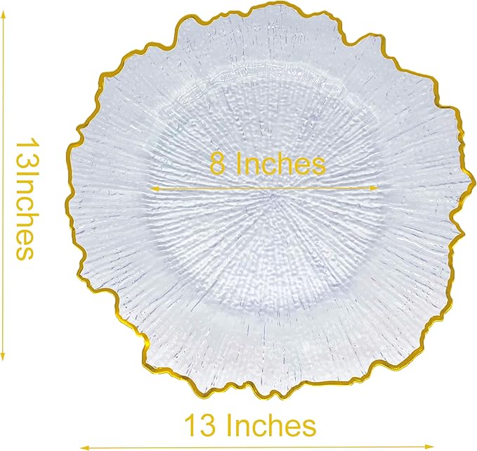 Henilosson 6 Pack 13" Plastic Round Reef Clear Charger Plates ,With Rim gold Dinner Acrylic Charger Plates (6,Reef Gold Clear)
