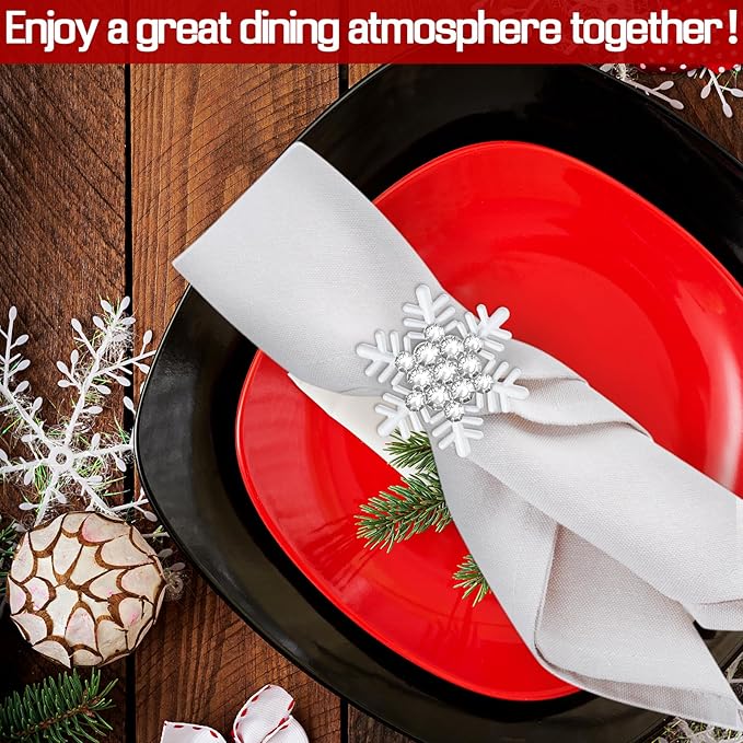 Halatool Set of 8 Christmas Napkin Rings White Snowflake with White Rhinestone Napkin Holder for Christmas Thanksgiving Holiday Party Table Decoration