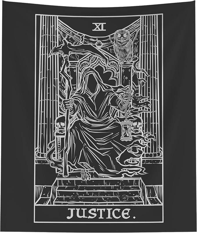 The Ghoulish Garb Justice Tarot Card Tapestry (Black & White) - Grim Reaper - Gothic Halloween Home Decor Wall Hanging (60" x 50")